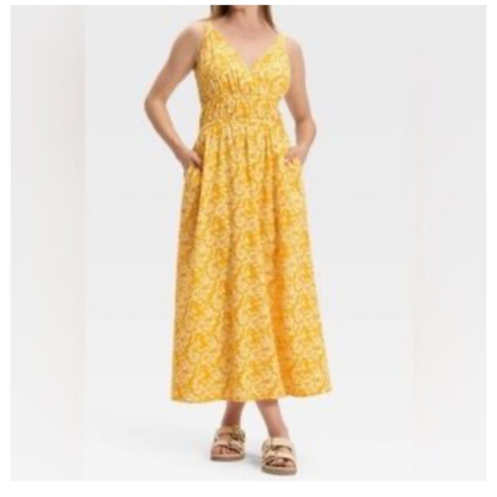 Universal Thread Floral Patterned Yellow V Neck Sleeveless Dress Medium
